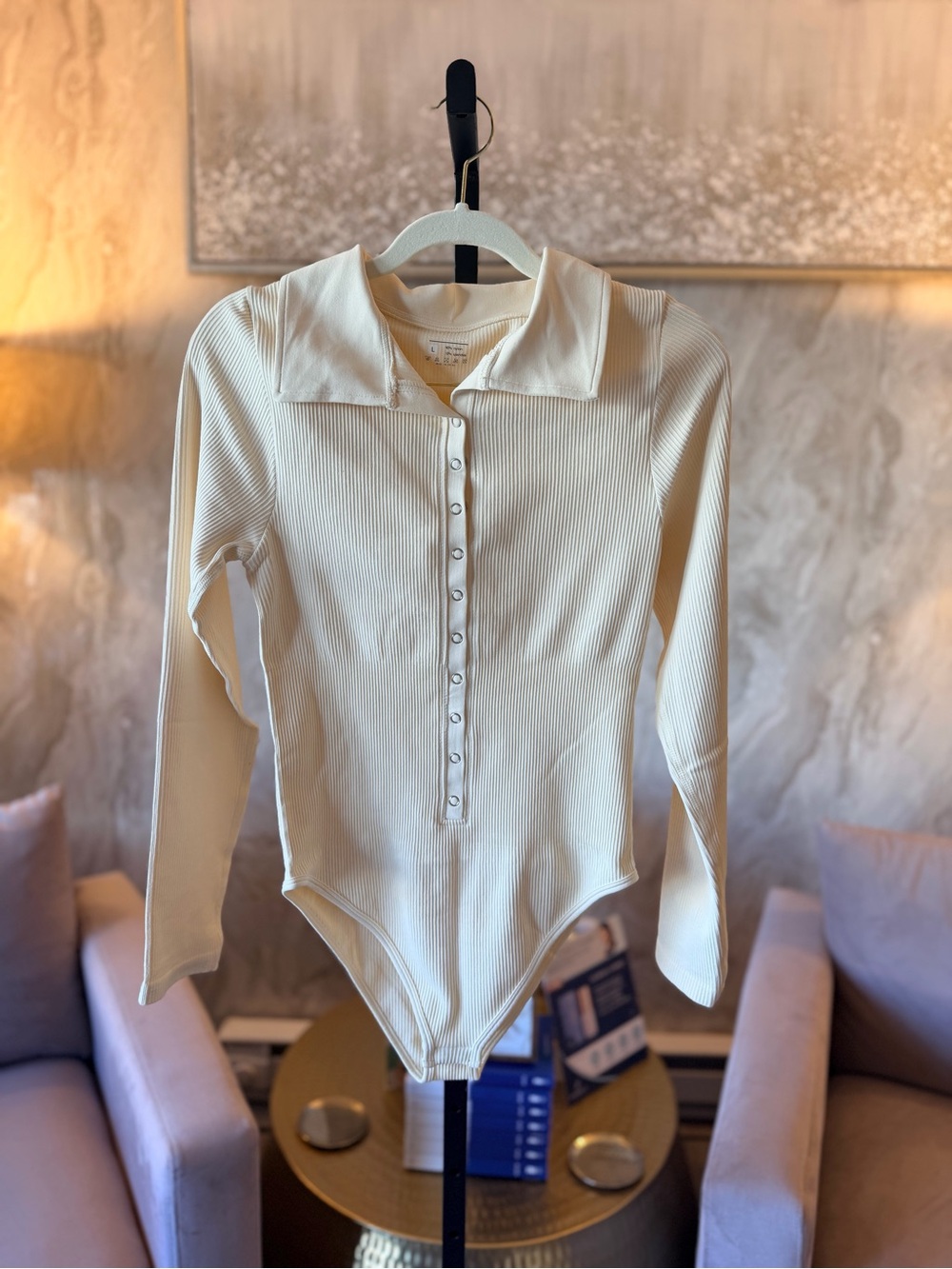 Ribbed Snap-Front Long Sleeve Bodysuit - Cream